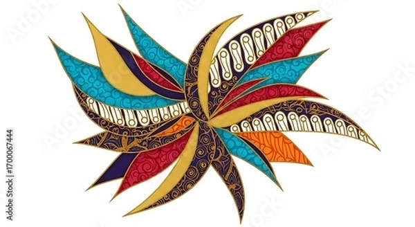 Fototapeta Vibrant abstract floral design featuring an intricate array of colorful petals adorned with traditional Indonesian Batik patterns, creating a dynamic and cultural decorative element