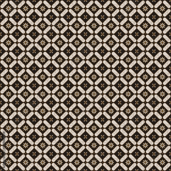 Fototapeta A mesmerizing blend of traditional Indonesian Batik Kawung motifs, featuring a diamond grid with intricate floral details. This seamless pattern captures the classic elegance of cultural heritage.