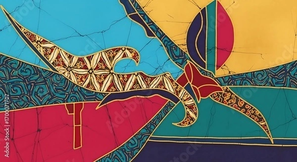 Fototapeta Vibrant abstract artwork featuring intricate traditional patterns and dynamic forms in a rich, colorful textile style