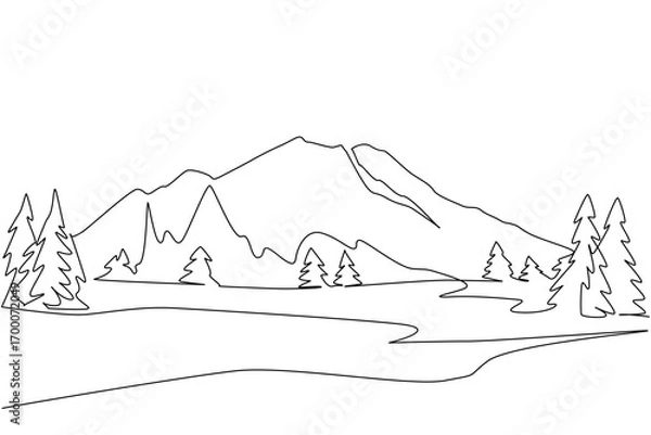Fototapeta A continuous line drawing of Chimborazo mountain framed by pine trees, highlighting Ecuador’s Andes beauty with a nature concept for international Chimborazo Day celebration and cultural awareness.