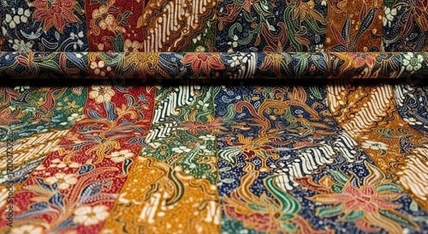 Fototapeta Colorful Batik Fabric Displayed with Intricate Floral and Geometric Patterns, Ready to Use