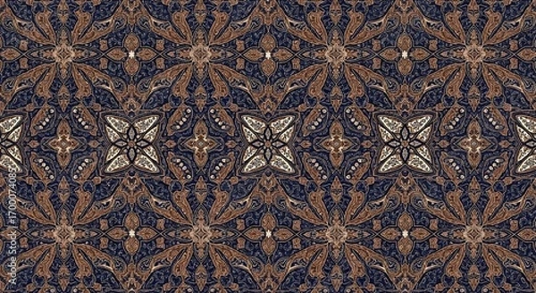 Fototapeta Elegant seamless background featuring an intricate symmetrical floral and geometric pattern in a traditional ethnic textile design