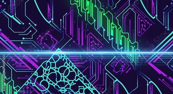 Fototapeta Vibrant neon circuit board patterns glowing with a futuristic digital energy and data streams