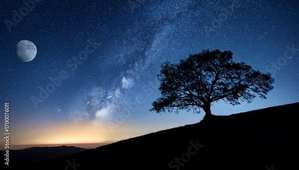 Fototapeta silhouette of a tree on a hill against a night sky with stars and moon