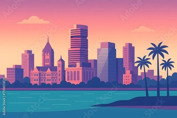 Fototapeta Vector illustration of Mumbai’s iconic waterfront with modern skyscrapers, heritage buildings, and palm trees under a warm pastel sunset sky.