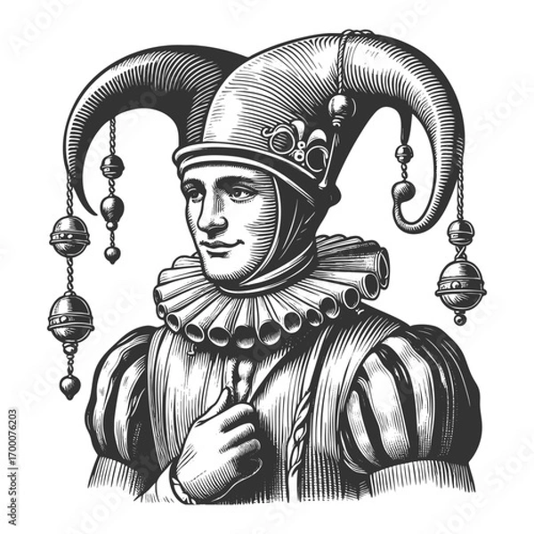 Fototapeta court jester wearing a traditional hat with bells, ornate clothing, and ruffled collar sketch engraving generative ai fictional character vector illustration. Scratch board. Black and white image.
