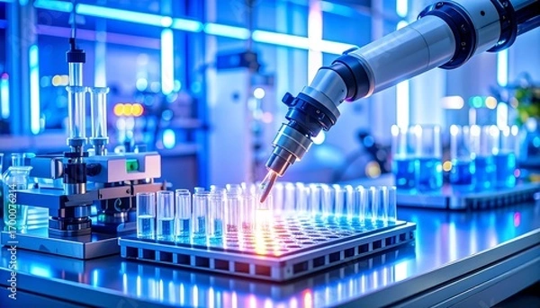 Fototapeta Robot arm lab testing samples.