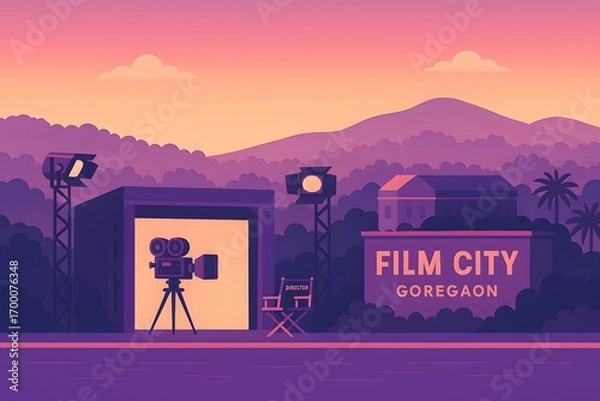 Fototapeta Flat vector illustration of a film studio lot at Film City in Goregaon, Mumbai, with set pieces, a movie camera, and a backdrop of the city skyline.

