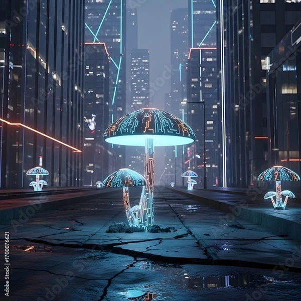 Fototapeta Glowing Circuit Mushrooms in a Cyberpunk Cityscape