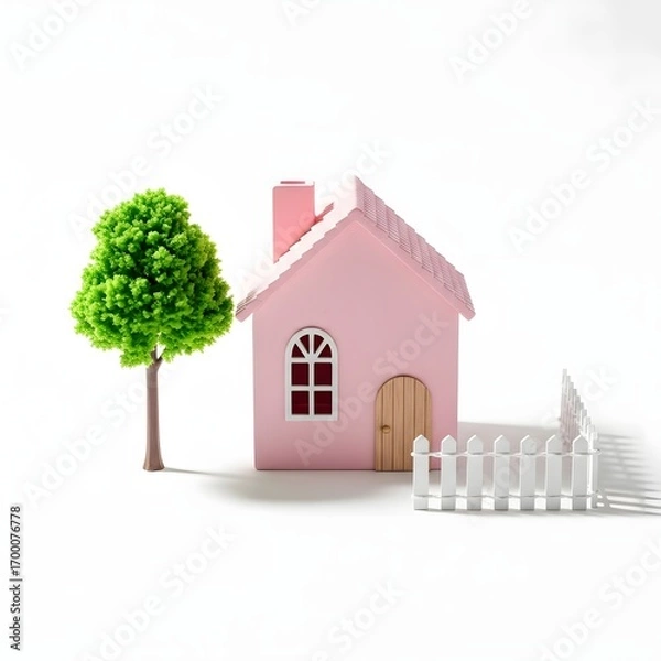 Fototapeta Charming Pink Miniature House with Tree and Picket Fence