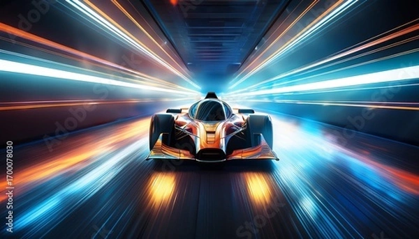 Fototapeta futuristic race car speeding through a dark tunnel