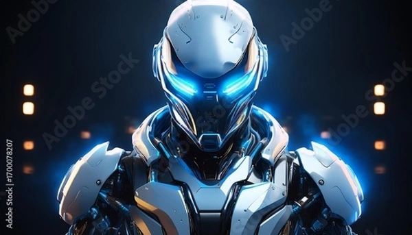 Fototapeta futuristic robot in dark studio advanced cybernetic armor with glowing blue accents dynamic pose high tech design military defense advanced futuristic