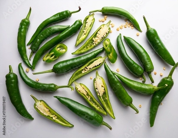 Fototapeta fresh green chili peppers with some sliced to show seeds arranged neatly on a white background looking spicy fresh and vibrant for cooking or seasoning dishes