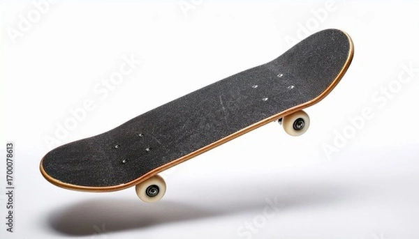 Fototapeta front view of a skateboard flying in the air on a white or white background