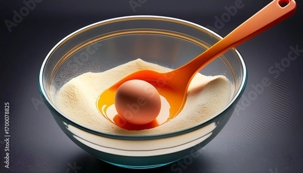 Fototapeta a glass bowl with a beige egg sitting in it and an orange spatula on top used for making cake batter