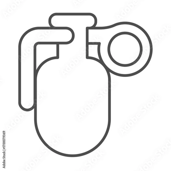 Fototapeta Grenade with ring pin thin line icon, police force concept. Vector graphics. Military grenade bomb, ammunition sign on white background, outline style icon for mobile or web design.