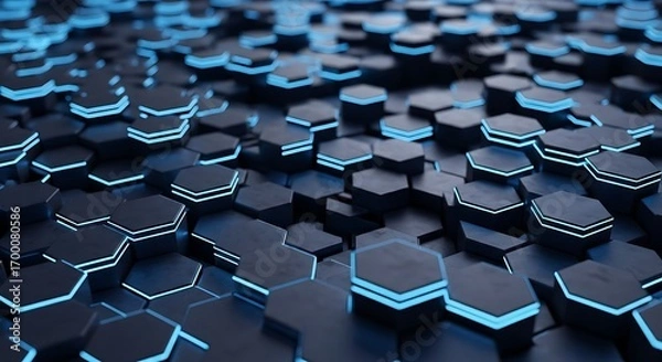 Fototapeta Dark, futuristic hexagonal grid background with vibrant blue glowing edges. An abstract 3D render ideal for tech, science, or digital themes. Shallow depth of field adds dynamism.