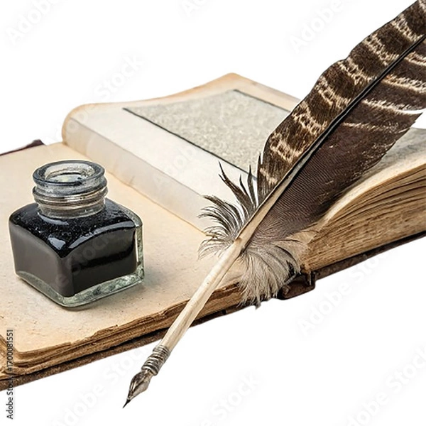 Fototapeta old book with feather pen on transparent background
