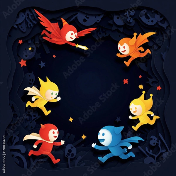 Fototapeta Magical paper cut illustration of smiling fantasy creatures running in a dark, layered forest with twinkling stars, creating a whimsical and dreamy frame