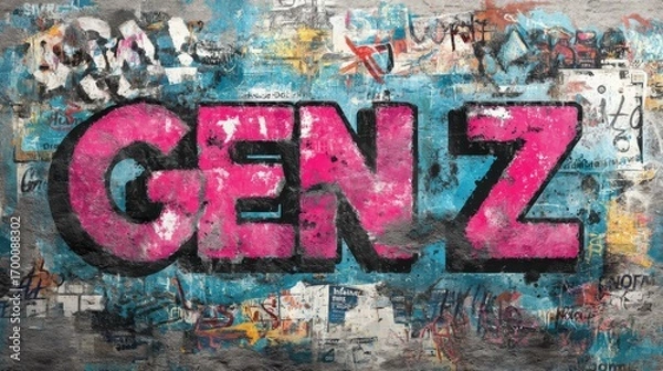 Fototapeta A vibrant graffiti mural featuring the bold text "GEN Z" in pink against a textured background, reflecting urban street art culture.
