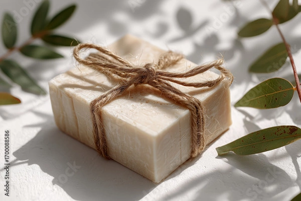 Fototapeta Organic bar of homemade soap tied with twine. Natural environmentally friendly hygiene.