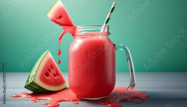 Fototapeta a watermelon jar with a straw poking out spilling juice