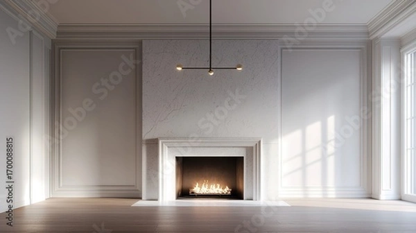 Fototapeta A minimalist living room featuring a stylish fireplace, elegant lighting, and large windows allowing natural light to flood the space.