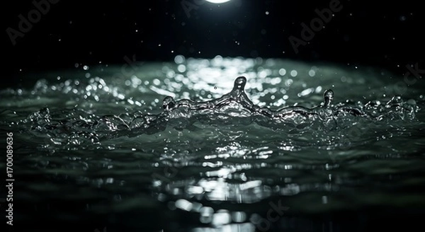 Fototapeta 水しぶき、暗い背景、幻想的な雰囲気、水面、夜、光、波紋、黒、ダークトーン、水滴、質感、自然、抽象的、水景写真