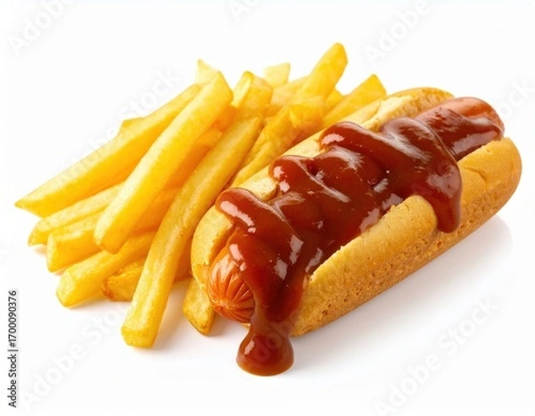 Fototapeta Classic Hot Dog and Fries Combo with Generous Dripping Ketchup Isolated on a Clean White Background.