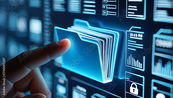 Fototapeta Finger touching glowing blue digital folder icon on a futuristic data screen