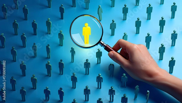 Fototapeta Magnifying glass focuses on a single illuminated person among a crowd of silhouettes
