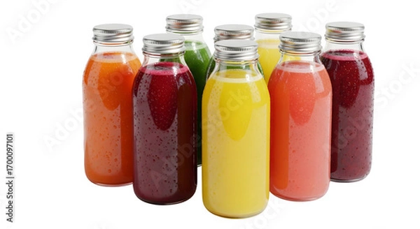 Fototapeta Assortment of colorful fruit and vegetable juice in glass bottles isolated on transparent background, showcasing a variety of healthy and refreshing options