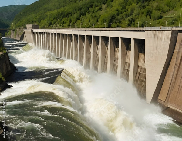 Fototapeta dam in the mountains, Hydroelectric dam with rushing water and electric turbines turning with the force of the flowing river water