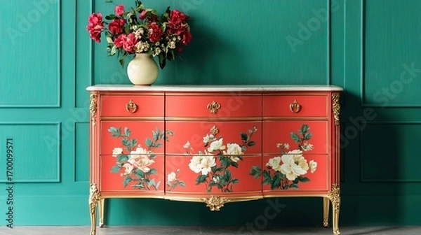 Fototapeta A vibrant red dresser with floral designs against a teal wall, complemented by a vase of flowers, creating a stylish and colorful interior.