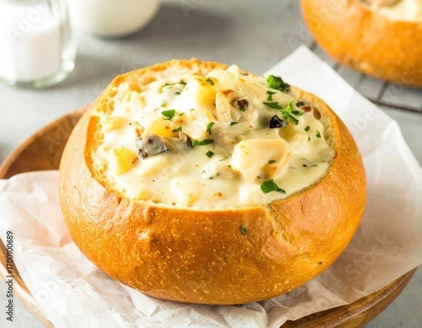 Fototapeta Creamy Clam Chowder with Potatoes and Parsley in a Golden Sourdough Bread Bowl.