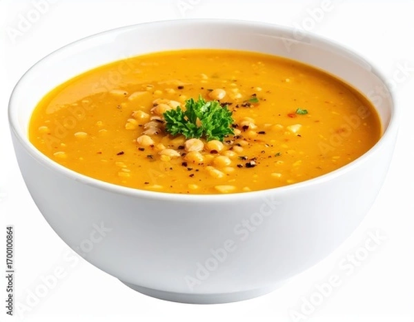 Fototapeta Creamy Golden Vegetable Soup with Chickpeas and Parsley in a Minimalist White Bowl.