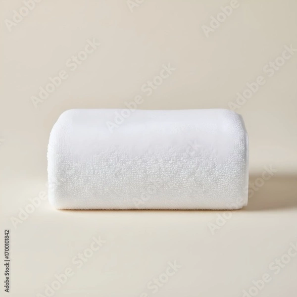 Fototapeta Pristine White Luxury Bath Towels Neatly Folded and Stacked on a Soft Beige Studio Background, Ideal for Premium Home Linen and Hotel Amenities Showcases.