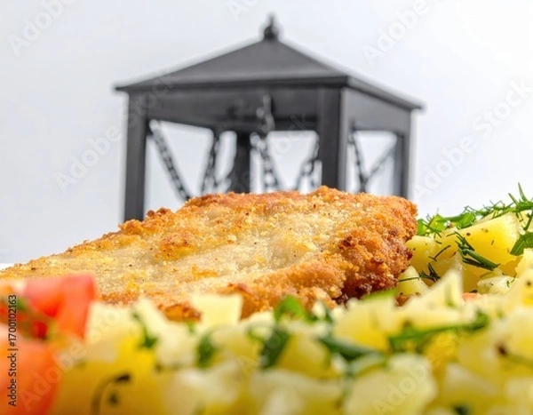 Fototapeta Crispy Golden Breaded Cutlet with Herbed Potato Salad in an Artistic LowAngle Shot.
