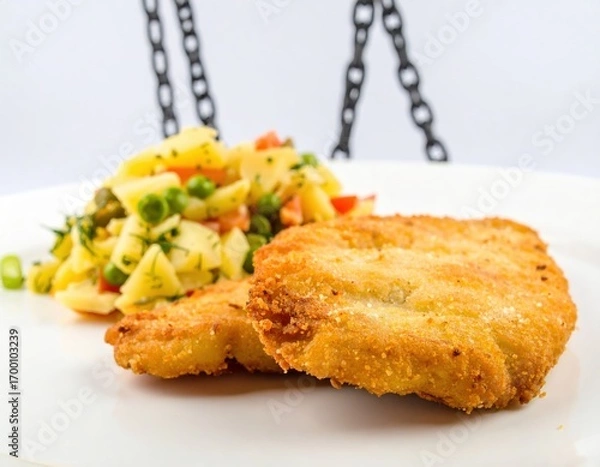 Fototapeta Crispy Golden Schnitzel and Fresh Potato Salad with an Abstract Industrial Chain Accent.