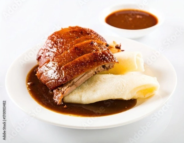 Fototapeta Crispy Roasted Peking Duck with Glossy Glaze Soft Buns and Savory Sauce on a White Plate.
