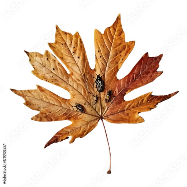Fototapeta Dried Maple Leaf with insect , Autumn Decay, Nature Textureautumn leaf isolated on white
