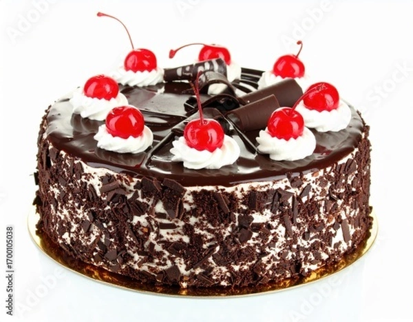 Fototapeta Decadent Black Forest Cake with Glossy Ganache Red Cherries and Chocolate Curls.
