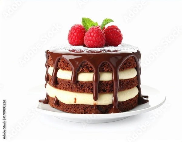 Fototapeta Decadent Mini Chocolate Layer Cake with Dripping Ganache Raspberries and Mint Garnish on a White Plate.