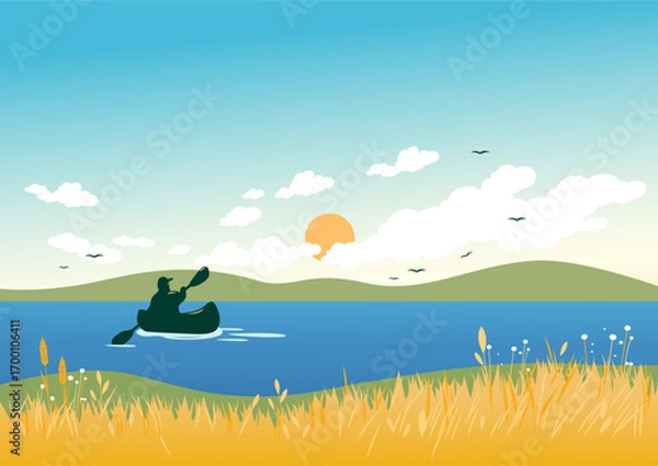 Fototapeta Scenic lake or river summer landscape with a person rafting on kayak or canoe rowing with paddles in boat. Kayaking sport person using a kayak for moving over water. Vector Illustration