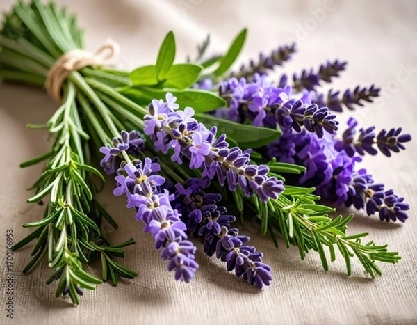 Fototapeta Fresh lavender and rosemary herb bundle tied with twine on rustic wooden surface for aromatherapy and culinary use