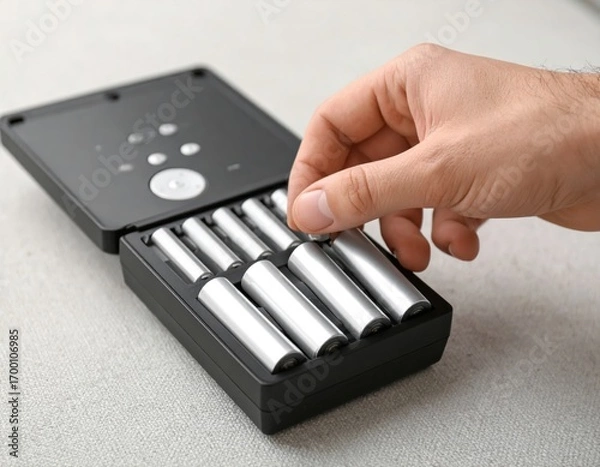 Fototapeta Hand inserting rechargeable battery into smart universal charger with digital display and multiple slots