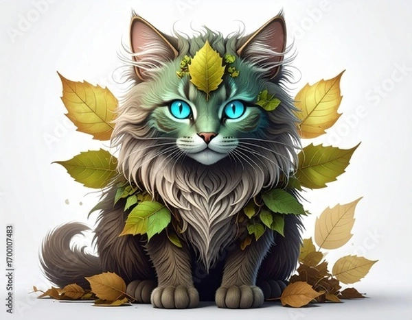 Fototapeta Fantasy forest cat adorned with autumn leaves and blue eyes in magical artistic illustration with nature elements and mystical appearance.