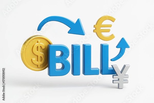 Obraz 3D Infographic of Bill with Currency Symbols and Financial Exchange Concept on White Background