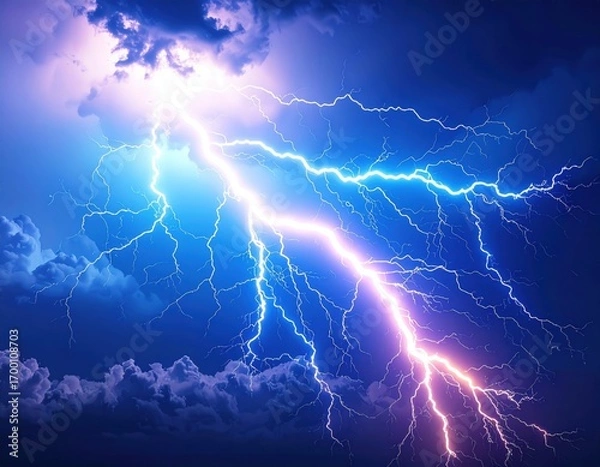 Fototapeta Dramatic lightning bolts illuminating stormy sky with electric blue and purple clouds creating spectacular natural light display during thunderstorm.