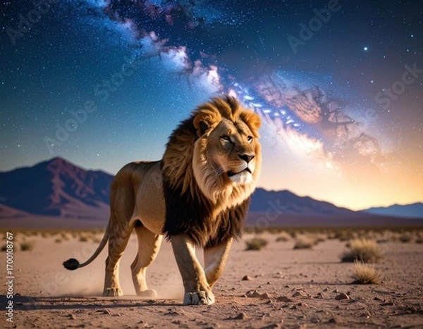 Fototapeta Majestic lion walking across desert landscape under brilliant starry night sky with glowing Milky Way galaxy stretching across cosmic backdrop.